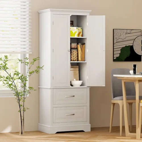 Vista 4 de LOKO Moderno armario alto para despensa de cocina, 62 pies de alto, blanco, grande (24 x 16 x 62 pies), 2 estantes ajustables, 2 cajones grandes