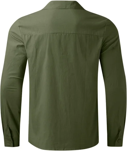 Vista 5 de Camisa de lino verde para hombre de verano algodón lino liso casual talla grande holgada cuello extendido manga larga Verde ejército L
