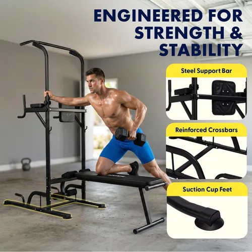 Vista 4 de SQUATZ Estación de entrenamiento con banco – Equipo de gimnasio multifuncional con barra de tracción, tabla de sentarse, respaldo, codera, y marco