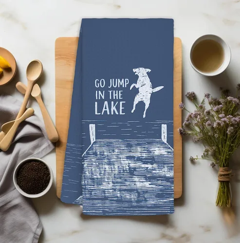 Vista 2 de Toallas de cocina azules con decoración de casa del lago, regalos para casa del lago, toallas de cocina divertidas con temática de perro del lago
