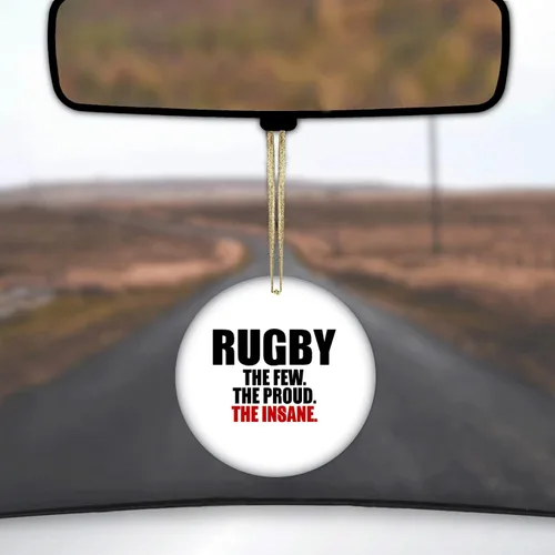 Vista 2 de DistinctInk Adorno colgante de cerámica para espejo retrovisor con cuerda dorada – Gran regalo/regalo – 2 3/4 pulgadas de diámetro – Rugby The Few