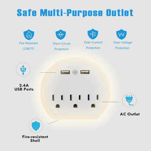 Vista 3 de Paquete de 2 extensores de toma de corriente de pared con sensor automático, luz nocturna LED, 3 tomas de corriente, 2 puertos USB, protector