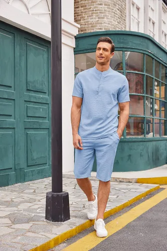 Vista 4 de COOFANDY Conjunto de 2 piezas de lino para hombre, camisas Henley casuales de manga corta, pantalones cortos de yoga para la playa, pantalones