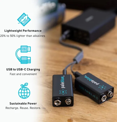 Vista 3 de Pale Blue - Baterías inteligentes recargables de 9 V con cargador USB, iones de litio de 9 voltios y 500 mAh, se cargan menos de 3 horas, más