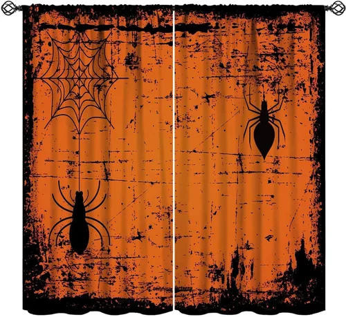 Vista 11 de JESTRONRY Cortinas de telaraña, telaraña espeluznante de Halloween, gótico, naranja, aterrador, tratamiento de ventana, cortinas opacas