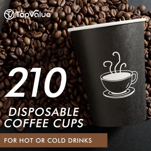 Vista 2 de TV TOPVALUE Paquete de 210 tazas de café de papel de 12 onzas, vasos de papel negro desechables para beber caliente, agua, té, utilizado