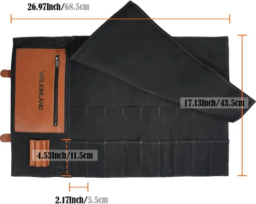 Vista 8 de WELKINLAND Bolsa enrollable de cuchillos con 14 bolsillos, Bolsa enrollable de cuero de lona encerada, Porta cuchillos, Bolsa enrollable