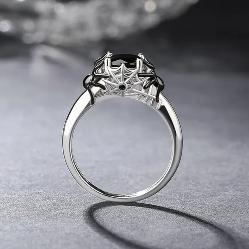Vista 4 de Jeulia Anillo de plata de corte redondo anillo gótico de plata de ley Hug Me araña negra, anillo de moda para aniversario, compromiso, boda