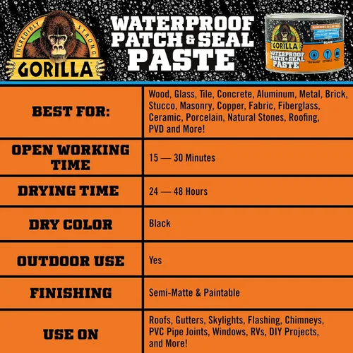 Vista 5 de GORILLA - Pasta selladora de goma impermeable para parche y sellado, negra, lata de 1 libra (paquete de 1)