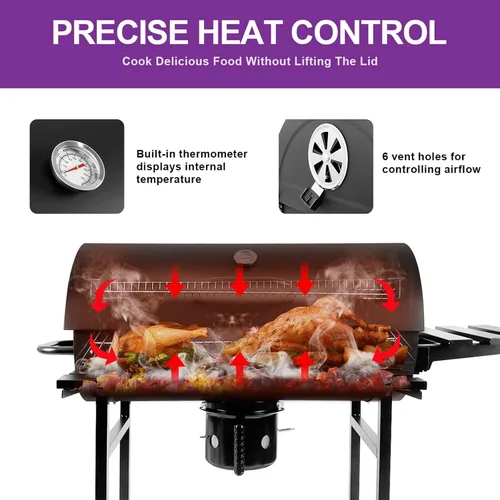 Vista 4 de Parrilla de barbacoa de carbón con termómetro y mesa auxiliar plegable, 565 pulgadas cuadradas de espacio de cocción grandes parrillas de carbón