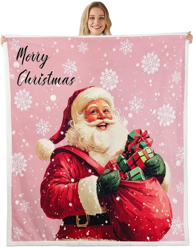 Vista 7 de Manta de cama Kawaii de Papá Noel, manta rústica de felpa con corona de Navidad para decoración rústica del hogar, manta de franela de flores rojas
