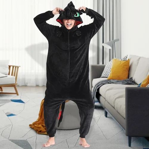 Vista 6 de Toothless Pajamas with Shoes Animal Dragon Train Flannel Costume Winter Plush Onesie PJS Cosplay for family Woman Adult