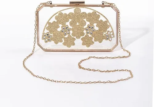 Vista 3 de ZLXDP - Bolso de mano de noche para mujer, diseño de flores doradas, carteras de boda, acrílico para fiesta, cena, con bolsas de hombro transparentes