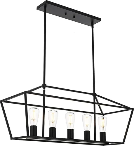 Vista 14 de Lámpara moderna de 5 luces para isla de cocina en acabado dorado, lámpara colgante industrial con marco de metal para comedor, vestíbulo, cafetería