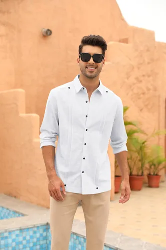 Vista 3 de Angeun Guayabera - Camisa de manga larga con botones, de algodón y lino, casual, hippie, cubano, campamento, playa