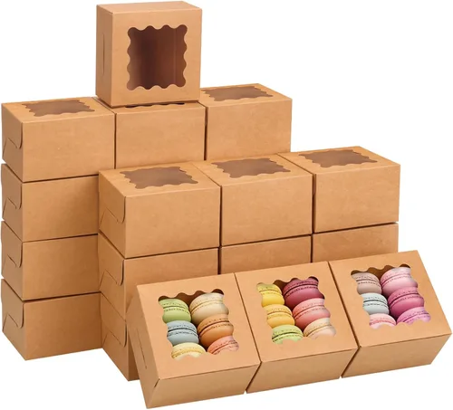 Vista 8 de 100 cajas pequeñas para galletas con ventana, cajas pequeñas de panadería de 4 x 4 x 2.5 pulgadas Mini cajas de postre marrones con ventana