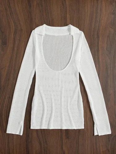 Vista 3 de MakeMeChic Vestido de ganchillo para mujer, de manga larga, de punto, transparente, para cubrir el traje de baño
