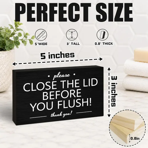 Vista 2 de 3x5 Bathroom Wooden Block Sign, Please Close Lid Before Flushing, Black