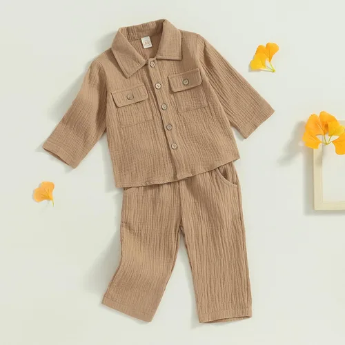 Vista 3 de Conjunto de ropa de algodón y lino de manga larga con botones y pantalones con cordón para bebé