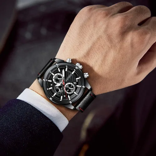 Vista 2 de MF MINI FOCUS Relojes de cuero para hombre, clásico, a la moda, casual, de lujo, impermeable, con calendario luminoso