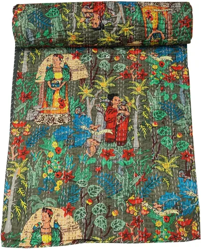 Vista 18 de Marubhumi Colcha de algodón puro Kantha con diseño tradicional indio de Farida (beige, individual (60 x 90 pulgadas)