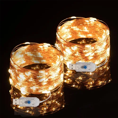 Vista 8 de Beingreat - Guirnalda de luces USB enchufables, paquete de 2 mini luces LED de 33 pies, cable negro con 8 modos para Halloween, Navidad, Pascua