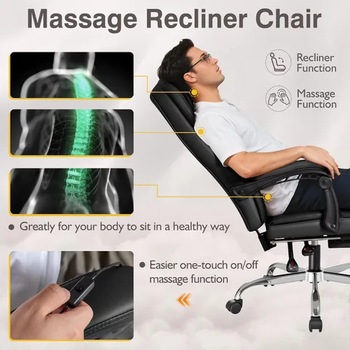 Vista 6 de Shahoo Silla de oficina ejecutiva con masaje, asientos ergonómicos reclinables de cuero con respaldo alto con reposapiés y soporte lumbar, grande