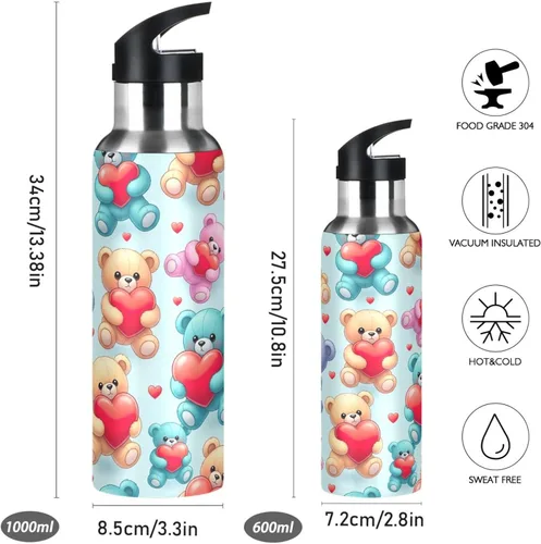 Vista 2 de Insulated Water Bottle 32 Oz, BPA-Free Sports Water Bottle with Straw for Gym Outdoor Travel School, Cute Bears Red Hearts