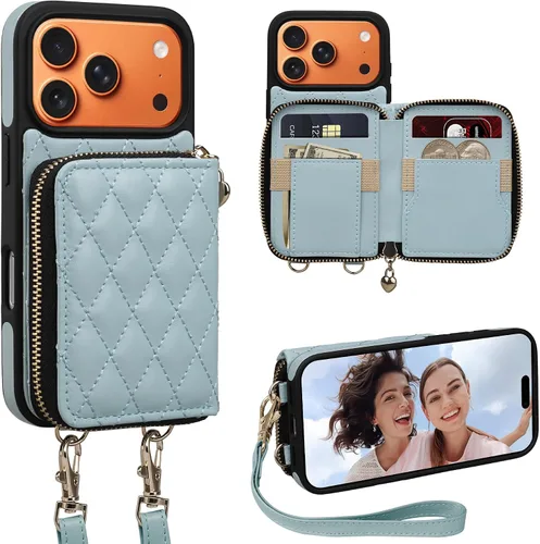 Vista 64 de Funda para iPhone 12 Pro/iPhone 12 de 6.1 pulgadas, cartera cruzada con cremallera para mujer, tarjetero con bloqueo RFID, funda de cuero con Negro