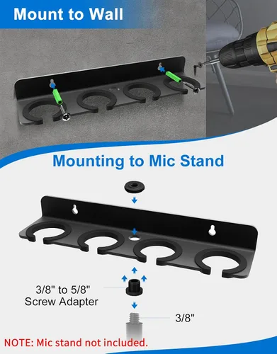 Vista 2 de Soporte de micrófono múltiple para micrófonos con cable e inalámbricos, soporta hasta 4 micrófonos, organizador de micrófono múltiple para soporte