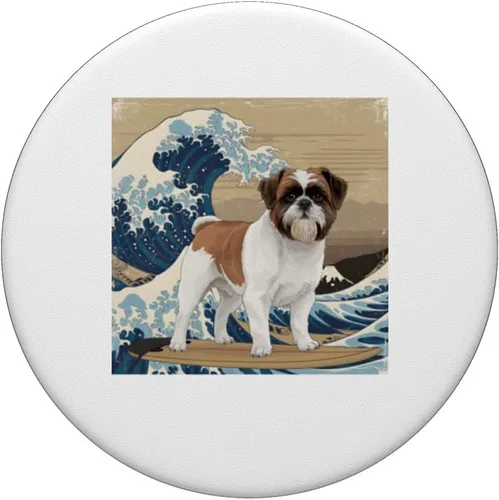 Vista 3 de Shih Tzu Japanese Kanagawa Wave Surfing Dog Lover PopSockets Adhesive PopGrip