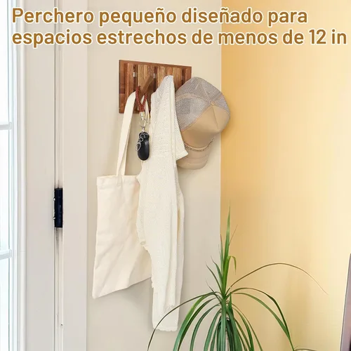 Vista 2 de Pequeño Perchero para Apartamento: 10.4 Pulgadas de Madera Rústica con 6 Ganchos de Pared Montable Retractable para Espacios Estrechos, Entrada