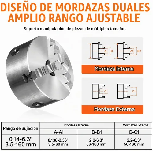 Vista 4 de VEVOR Mandril de torno de 3 mordazas, mandril de torno autocentrante de 6'', rango de sujeción de 0.14-6.3 pulgadas/3.5-160 mm con tornillos