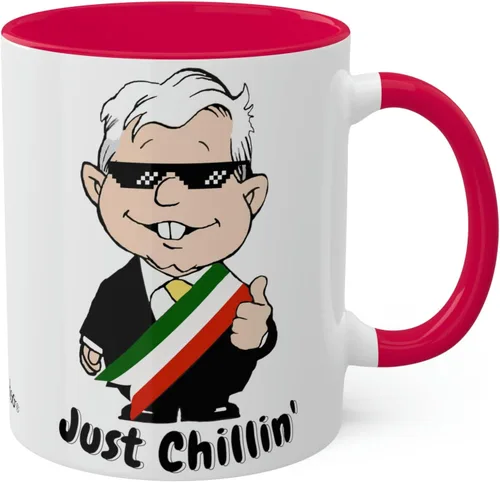 Vista 8 de MEXICANDOO AMLO - Taza de café Just Chillin, divertida caricatura, Muñeco AMLITO, taza de cerámica blanca brillante con colores vibrantes