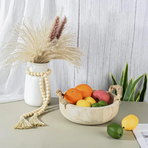 Vista 7 de Paulownia - Cuenco de madera rústica para masa, redondo, con mango de cuerda y guirnalda de cuentas de madera para centro de mesa de Navidad