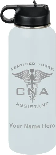 Vista 28 de LaserGram Botella de agua personalizada, asistente de enfermería certificada por la CNA, acero inoxidable de doble pared aislada al vacío con popote