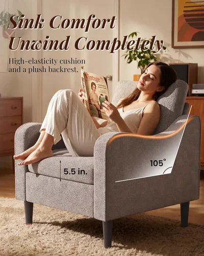 Vista 6 de LEVELEVE Silla con brazo Accent – marrón claro, silla de lectura cómoda tapizada para sala de estar, dormitorio, apartamento, sala de espera