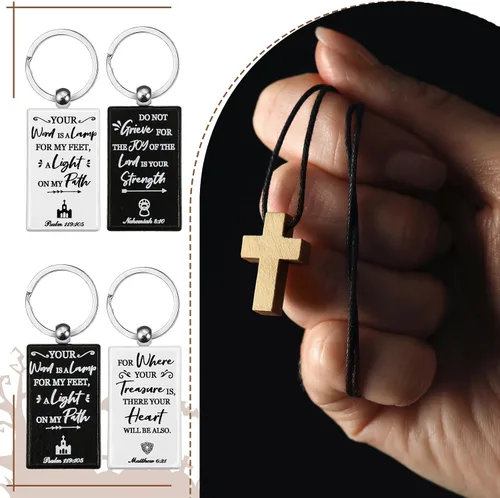 Vista 7 de Capoda Paquete de 30 llaveros cristianos a granel, regalos religiosos de madera, versículos de la Biblia, llavero rectangular de madera, letrero