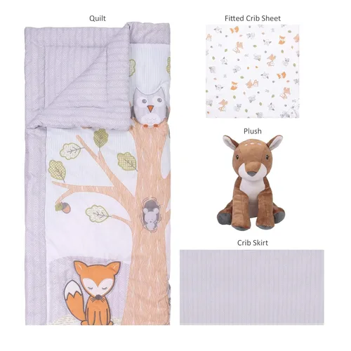 Vista 17 de Sammy & Lou Friendly Forest - Juego de ropa de cama para cuna de bebé de 4 piezas, incluye edredón, sábanas bajeras para cuna neutrales, falda