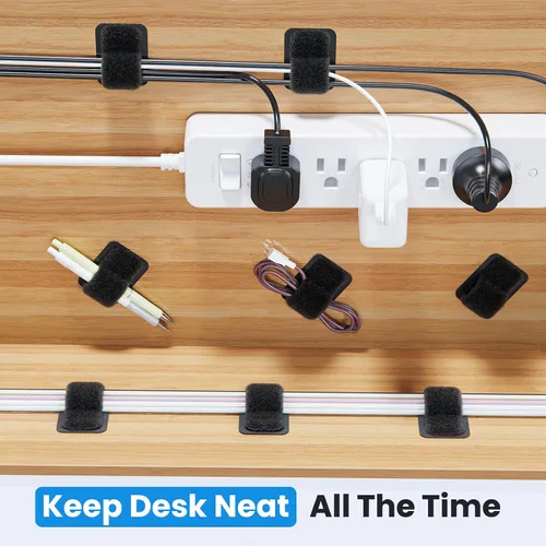 Vista 2 de Gestión de cables debajo del escritorio, 【Capacidad para 15 cables】【Ultra Adhesión】 Correa de cable de gancho y bucle, brida larga ajustable, clip
