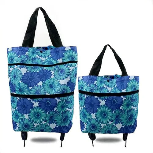 Vista 6 de Carrito de compras plegable con ruedas – Bolsa de compras plegable con cremallera de dos etapas para frutas, verduras (negro)