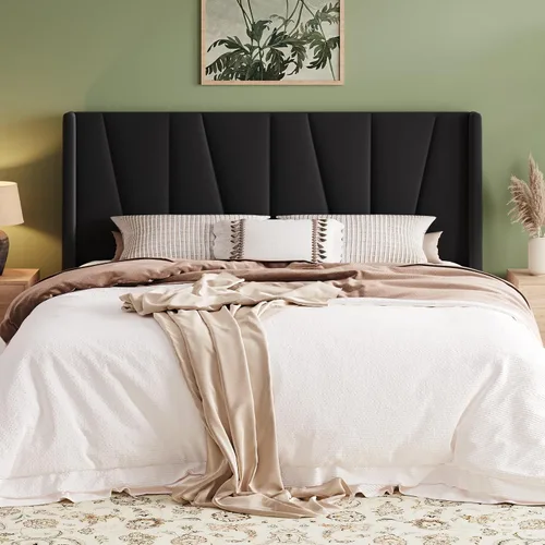 Vista 18 de Allewie Base de cama de plataforma tamaño Queen con cabecera geométrica con respaldo de alas, cama tapizada bohemia con soporte de listones de Beige