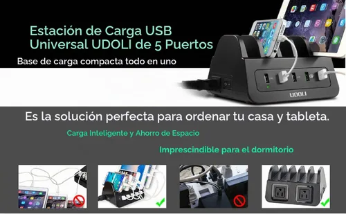 Vista 3 de Estación de carga con 5 puertos USB, organizador para múltiples dispositivos, soporte de escritorio de carga rápida para teléfono Apple Android