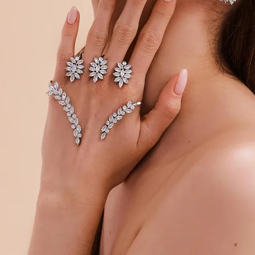 Vista 7 de Anillo único con diseño de hoja de circonita cúbica múltiple, anillo de dedo múltiple de plata, anillo de palma de mano, pulsera de joyería
