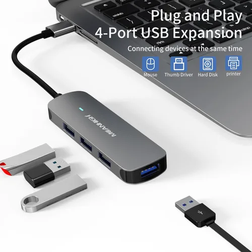 Vista 2 de Hub USB 4 puertos, adaptador portátil con divisor USB A 3.0 múltiple 2.0 para laptop, mini extensor USB Plug and Play para PC, unidad flash, disco