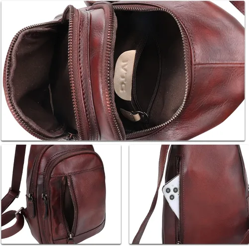 Vista 7 de IVTG Bolso bandolera de cuero genuino para mujeres y hombres, bolso cruzado de cuero, bolso de hombro para el pecho, mochila, Café, Mochilas Sling