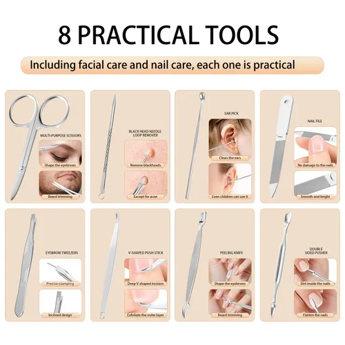 Vista 5 de ZIZZON Kit de manicura y pedicura, cortaúñas, juego de 12 piezas, kit de aseo profesional, herramientas de uñas con lujoso estuche de viaje