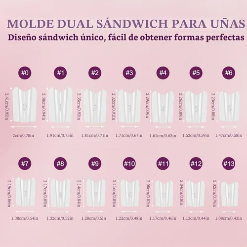 Vista 8 de 280 formas de uñas dobles tipo sándwich, 14 tamaños, forma ovalada para gel constructor, moldes de extensión de uñas reutilizables de cobertura