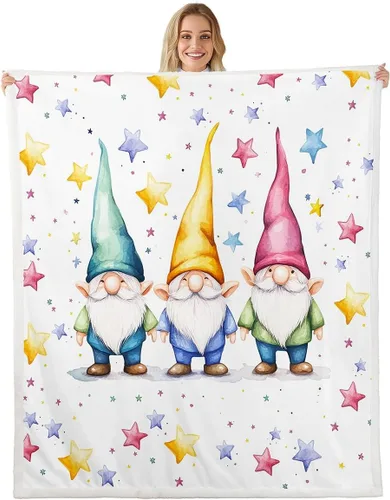 Vista 10 de Erosebridal Cartoon Gnomes Fleece Blanket,Dwarf Throw Blanket 40x50 Inch for Bedroom Living Rooms Sofa Couch,Colorful Stars Sherpa
