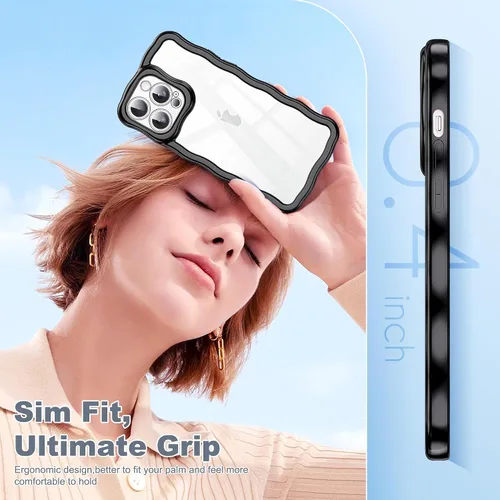 Vista 6 de SKYLMW Funda compatible con iPhone 12 Pro, diseño de ondas rizadas kawaii, borde chapado de lujo, elegante parte trasera transparente brillante, TPU